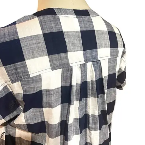 Isabel Maternity Short Cuff Sleeve Button V Neck Blue Plaid Med