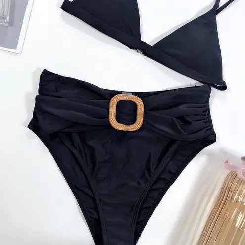 black front buckle high waist swimsuits