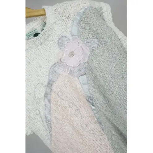 Shenanigans Woman's Large Square Chunky Knit Floral Short Sleeve Vintage NWT! White