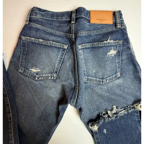 MOUSSY VINTAGE High Rise Straight Leg Jeans Distressed Frayed Hem Size 25 Blue