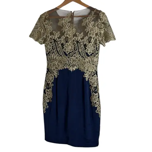 Marchesa Notte Navy/Gold Lace Embroidered Beaded Satin Sheath Evening Dress sz 8 Blue