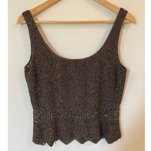 Carmen Marc Valvo Scalloped Hem Beaded Open Knit Cardigan and Tank Top Brown