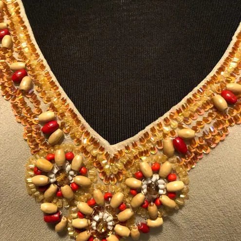 Cache  Beige Plunging Double V Neck Silk Bead Embellished Top Lined $128 NWT New