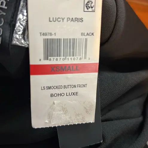 Lucy Paris Size XS Black Sheer Long Sleeve Faux Button Front V-Neck Ruffle Hem