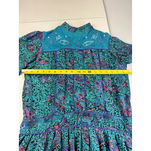 Vintage Phool Paisley Midi Dress Teal Purple Mock Neck Short Sleeve India M Green Size M