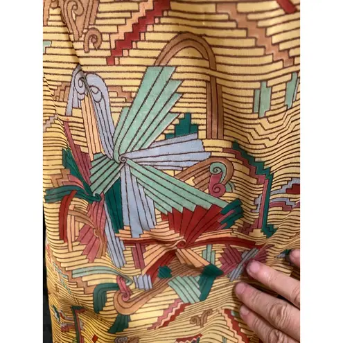 Vintage 1970s Huk A Poo Geometric Maxi Novelty Print Open Slit Dress XS Tan Size M