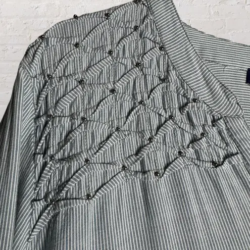 Bandolino Women Lightweight Beaded Blue Striped Roll Tab Long Sleeve Trinity Blouse Size XXL