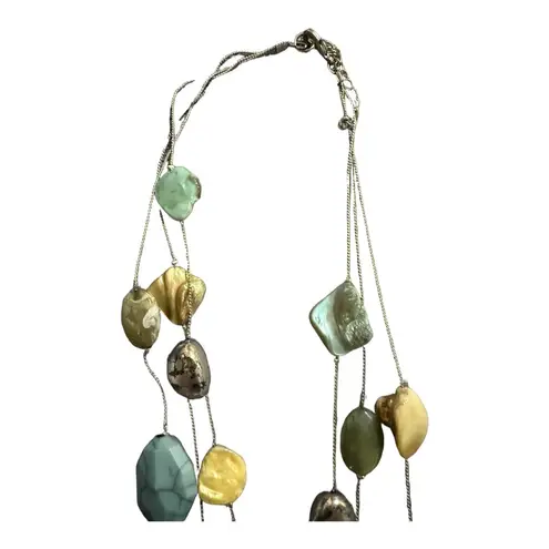 Earth Tone Stone Tiered Necklace Three Strand Adjustable Length Green Tones