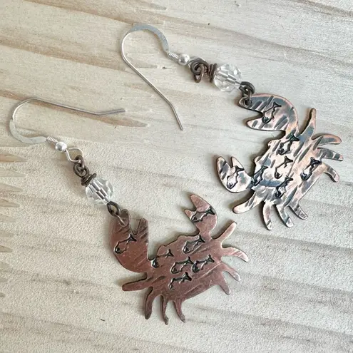 Handmade Copper Crab Earrings with Etched Fish & Crystal Beads