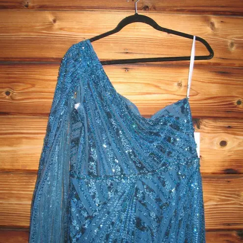 Mac Duggal  20528 Womens Blue One Shoulder Cape Sleeve Embellished Gown