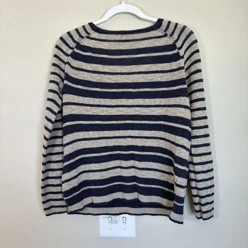 Lucky Brand  Womens Navy and Beige‎ Striped Sweater Medium Linen Blend