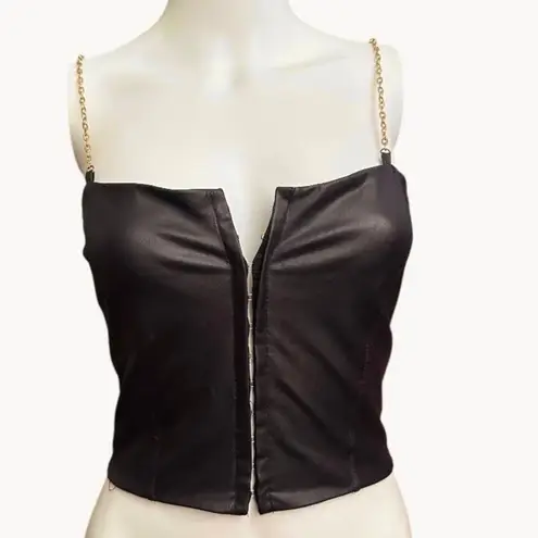 Revolve Evolve med black pu crop top corset gold chain straps eyelet front closure​