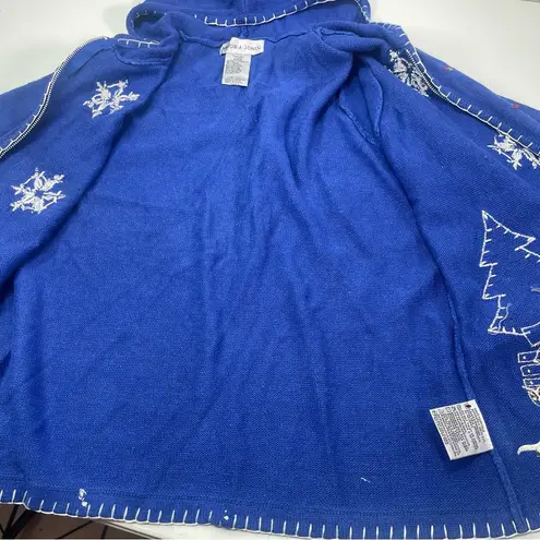 Vtg Victoria Jones Christmas Sweater Snowman Blu Hooded Cardigan Women M Festive Blue Size M