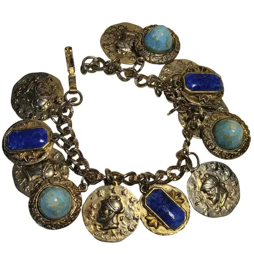 Coin Charm Bracelet Vintage Lapis Lazuli Turquoise Glass Stone Egyptian Etruscan Gold