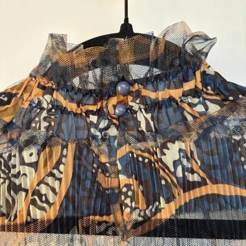 Y2K Sheer High Neck Abstract Fairy Top Ruffle Victorian Date Night Blouse Medium Blue