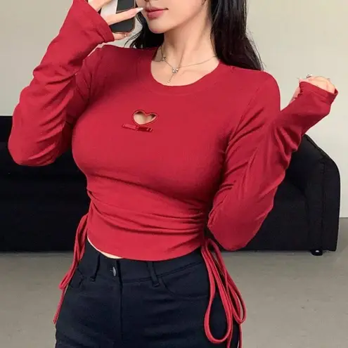 Dazy Red long sleeve top with heart cutout and ruching Size XS