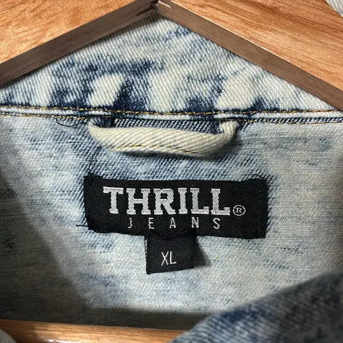 THRILL Thrashed Distressed Long Line Button Down Acid Wash Denim Jacket XL Blue
