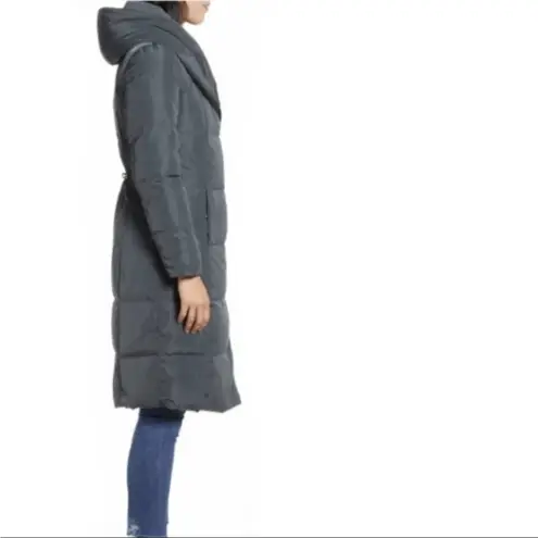 Cole Haan  Hooded Asymmetric Zip Down Feather Puffer Coat Jacket Graphite Gray