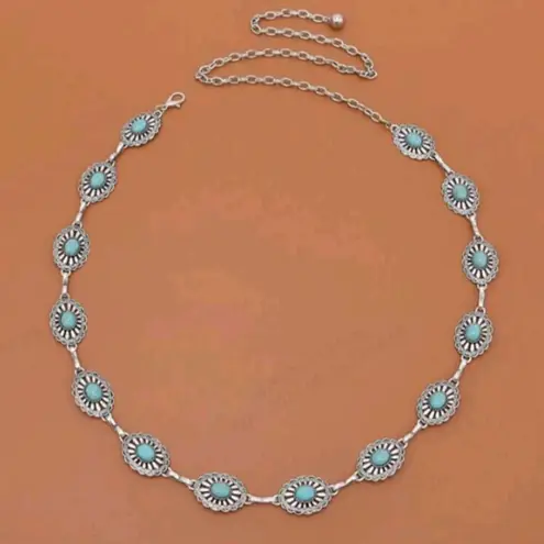 Turquoise Antiqued Style Silver Metal Belt With Carnelian Stone Inlay & Engraved Blue