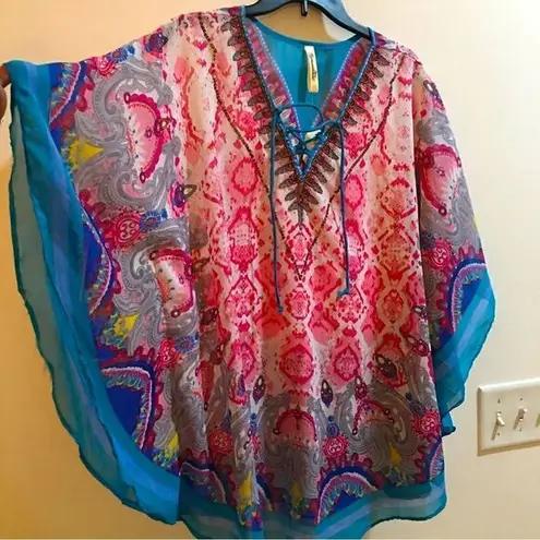 Shoreline GORGEOUS SHEER JEWLED LACE UP V ROUND TOP