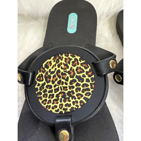 OkaB Black Leopard Print Embellished Thong Sandals Flip Flops Size 9.5