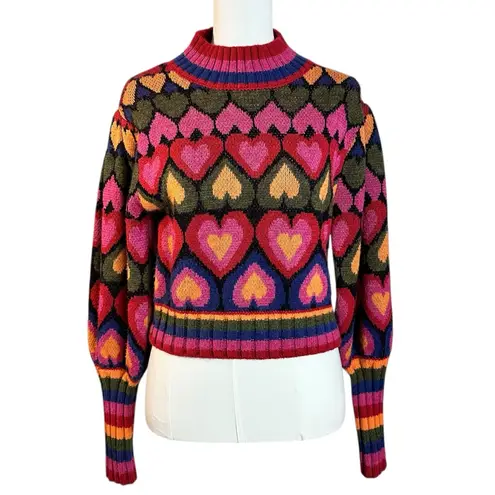 Farm Rio  Full Of Hearts Jacquard Sweater Rainbow Wool Blend Juliet Sleeves XS