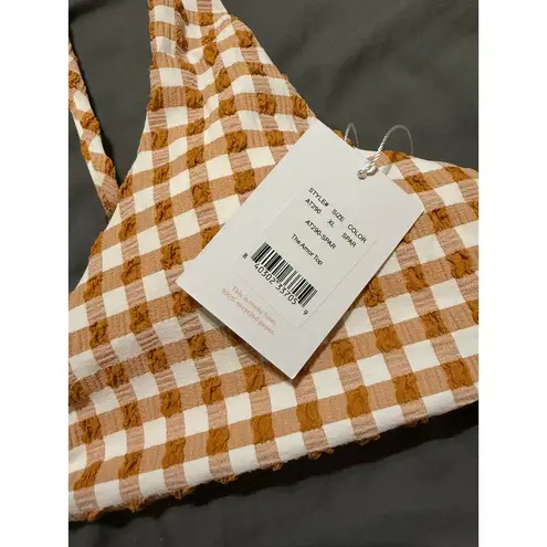 ANDIE NWT Swim Women Bikini Top Brown Tan White Cream Gingham Size XL Textured