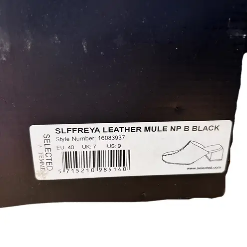 Selected Femme Black Leather Mules Block Heel Square Toe Y2K 90s Vibe Size 9 NEW