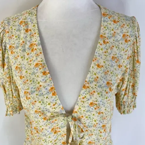 Sophie Rue - Floral Print Tie Front Puff Short Sleeve Top Yellow Size XS