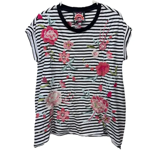 Johnny Was Joya Relaxed Fit Drape Striped Embroidered Floral Boho Cotton Tee XS