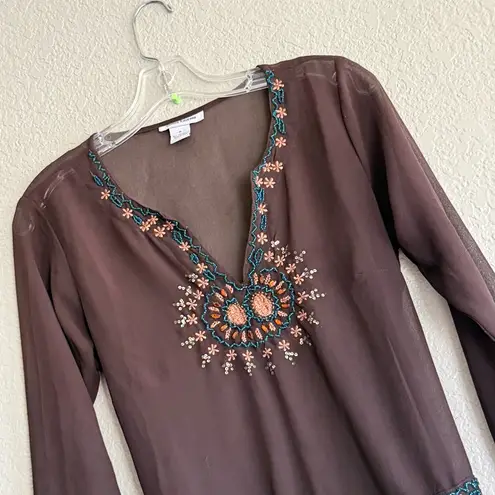 Cotton Express Y2K Sheer Embroidered Tunic Boho Fairycore Cottage Witch Top Sz M