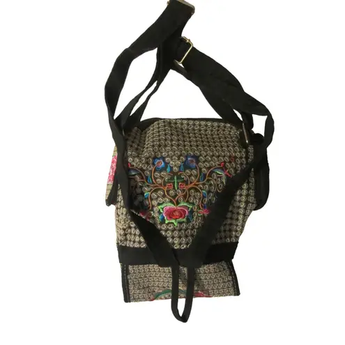 Boho Embroidered Floral Backpack Black Red Rose Folk Festival Bag