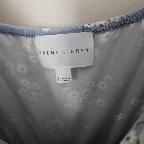 French Grey Floral Light Blue Sundress Mini Sleeveless Large Womens Lightweight