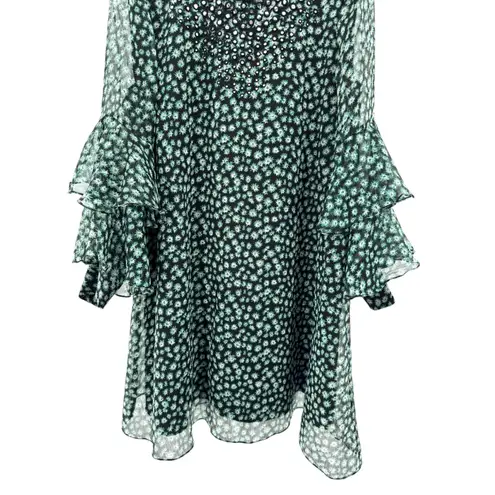 Ranna Gill Anthropologie Floral Mirror Sequin Ruffle Sleeve Mini Dress M Green Size M