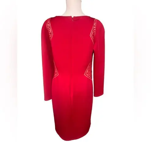 Tadashi Shoji Edie Red Rock Nude Neoprene Embroidered Lace panel Dress L