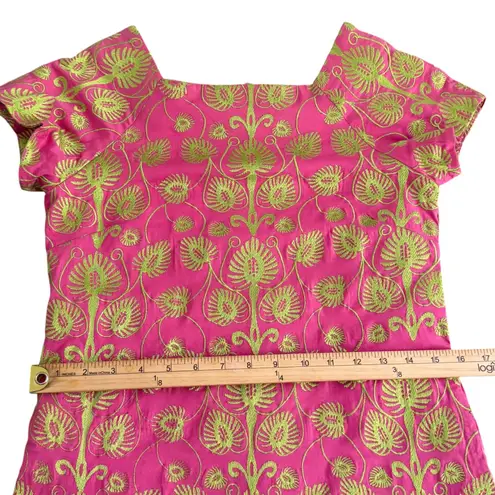 Womens Floral Embroidered Pink Green Shift Dress Size 2 Square Neck Folk Ethnic