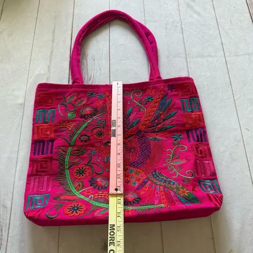 HUMMINGBIRD Embroidered Floral Vibrant Unique Bag Large Pink Zipper Pockets Red