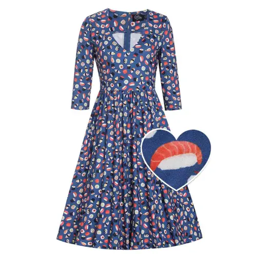Dolly and Dotty Unique Vintage Billie Blue Sushi & Sashimi Flared Midi Dress 10