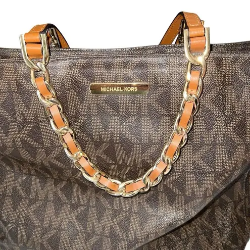 Michael Kors  Handbag Brown Signature Harper Large Tote Logo Gold Chain East West