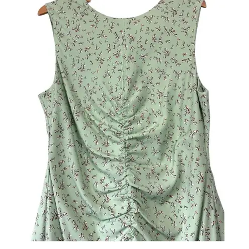 Love, Whit Pistachio Green Petite Floral Ruched Midi Dress High Slit Open Back L Size L