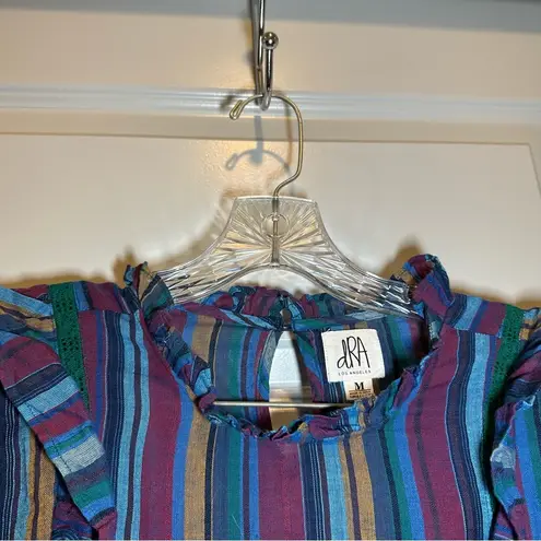 dRA Blue/Purple Striped Short Sleeve Ruffle Accent Blouse size M Size M