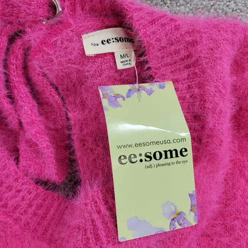 ee:some  Womens Back Tie Sweater Medium Pink Eyelash Faux Fur Ribbed Trim NEW