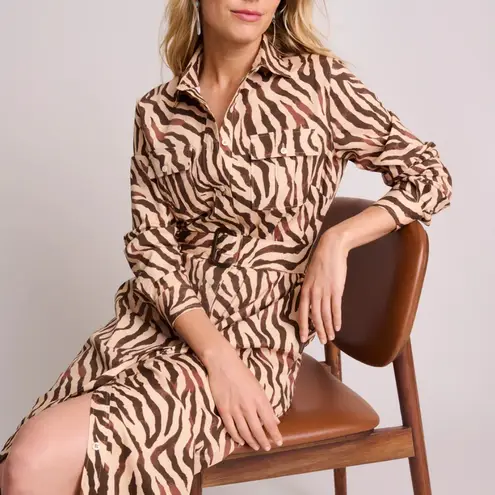 Untuckit for Her Elise Shirt Dress Stretch Cotton Safari Print Zebra Tan Size 6