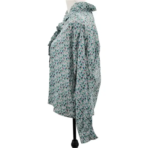 Cotelac Ruffle Top Blouse Button Up Geometric Print Art Deco Green Blue 1 Medium