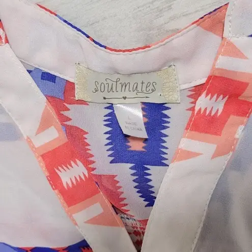 Soulmates Aztec Print Blouse Top Roll Tab Sleeve Button‎ Down Sheer Bohemian