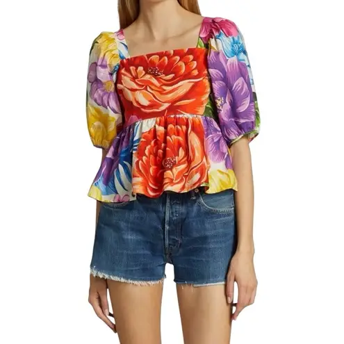 Farm Rio Rainbow Chita Empire-Waist vibrant Floral puff sleeve Blouse resortwear