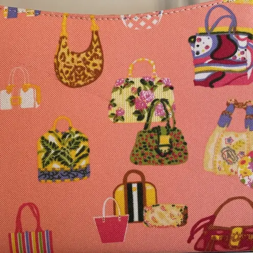 Pink handbag with novelty fun purse print black handles