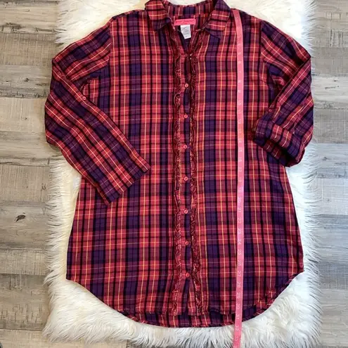 Betsey Johnson Intimates cotton flannel plaid ruffle roll tab sleep shirt M
