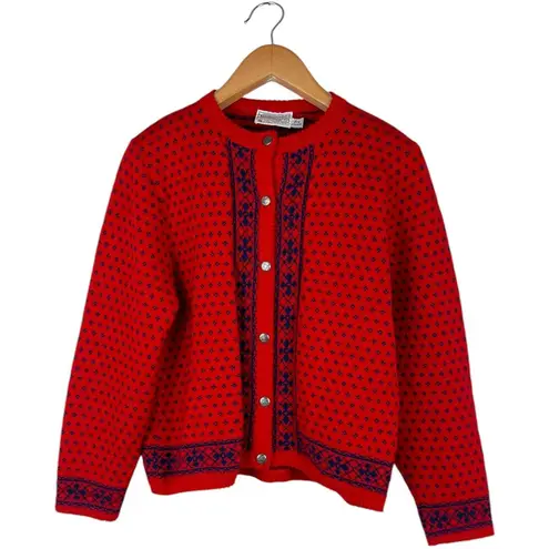Pendleton Vintage 100% Wool Womens Size Large Red Navy Blue Cardigan Made In USA