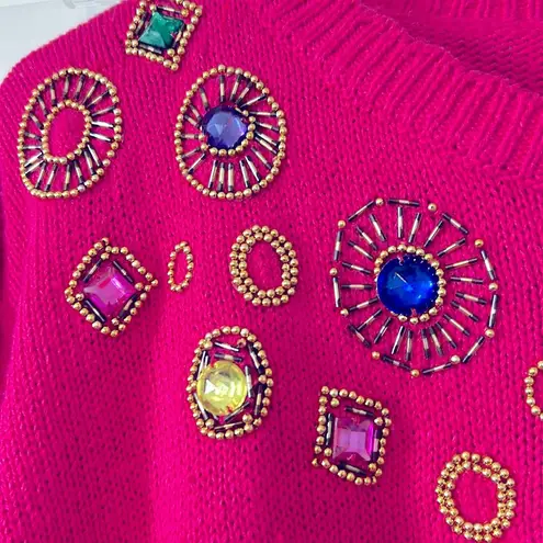 Vintage bright pink cotton/ramie sweater with beads and rhinestones